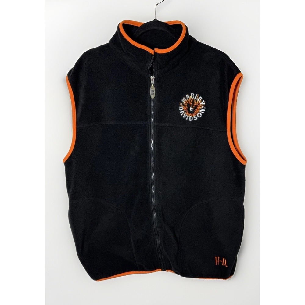 Harley Davidson Black Orange Fleece Vest Springfield Illinois Men's Size Large